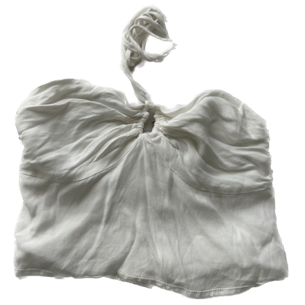 white bardot crop top with keyhole detailing and halter/tie neck